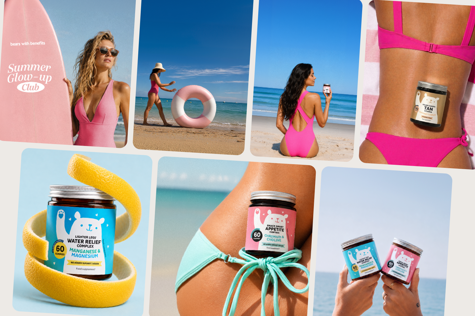 A diagonal montage of the Bears With Benefits Summer Sale campaign across product still life, lifestyle photography, and key visuals.